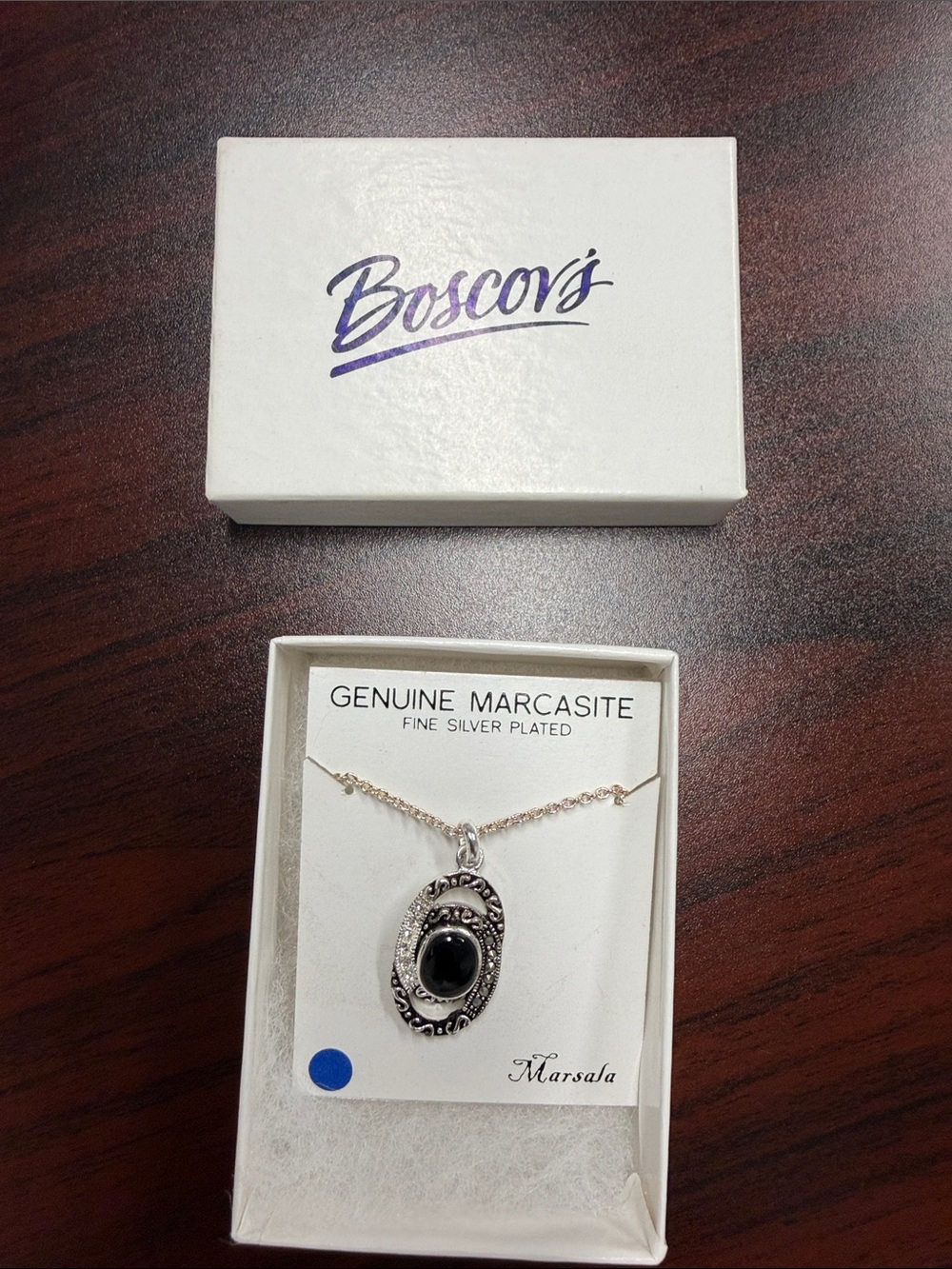 Marsala Genuine Marcasite Silver-Plated Black Stone Pendant Necklace
